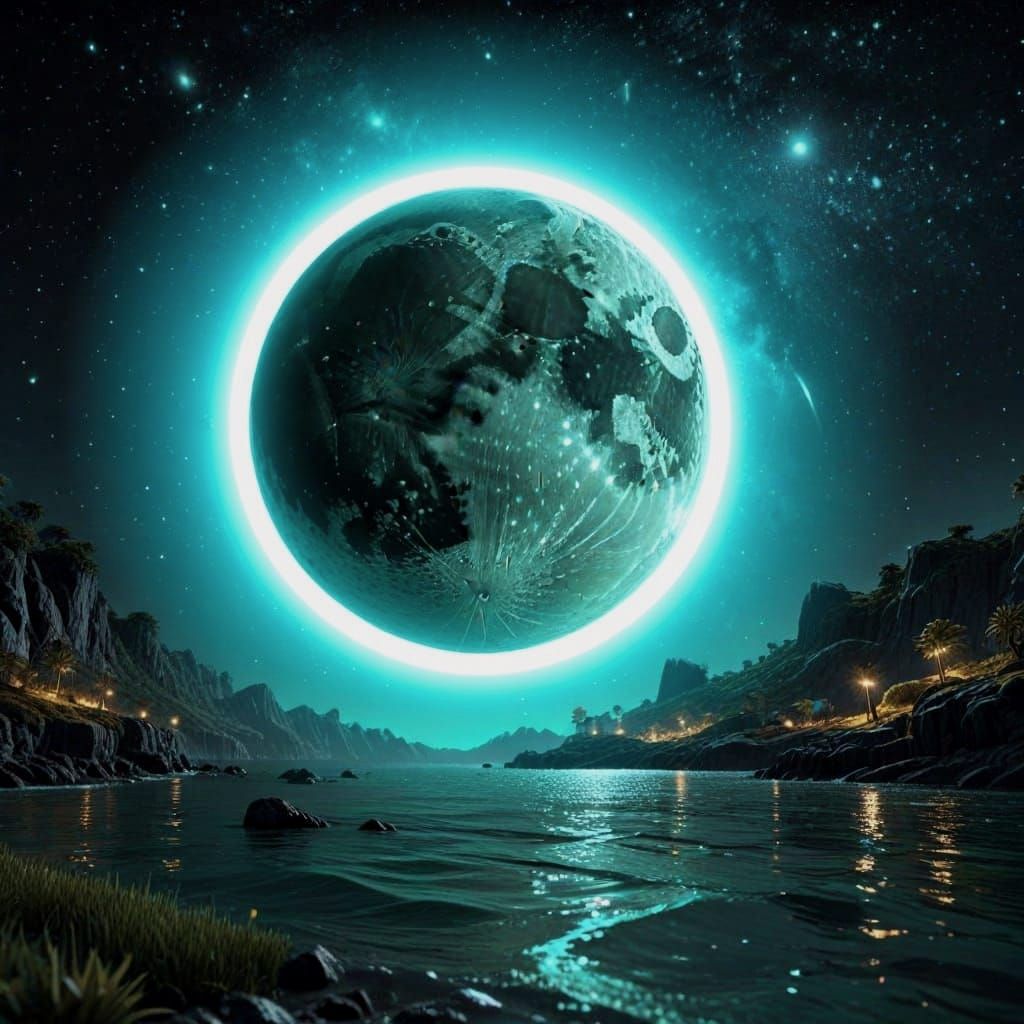 Aquamarine Moon Over Teal Archipelago at Night