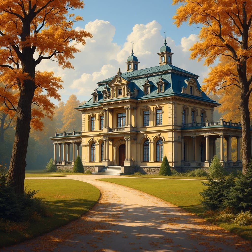Classical European Mansion in Autumn Forest, Germany, in Fin...