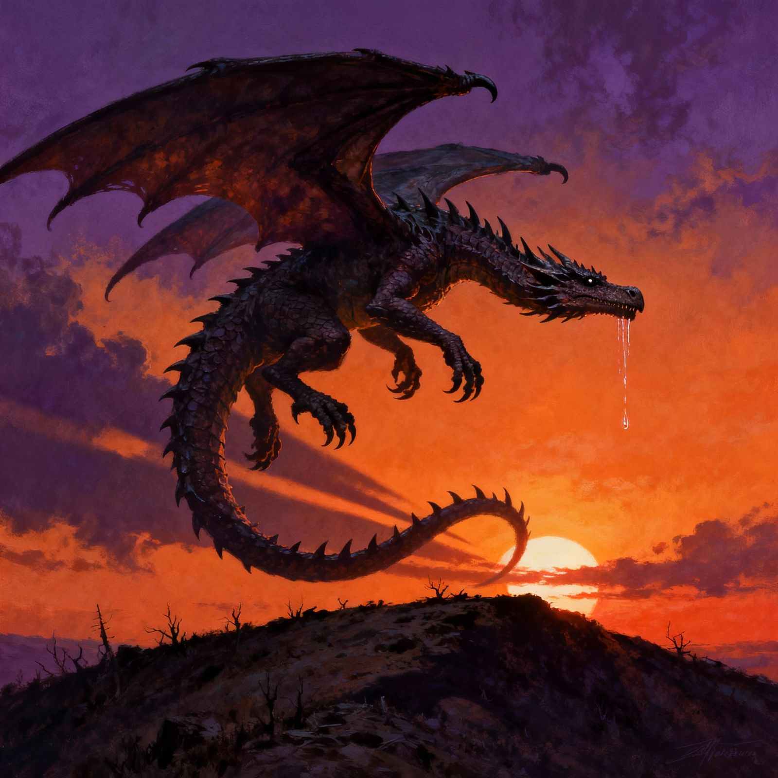 Fearsome Nordic Dragon Rises Over Hill Ridge at Dawn