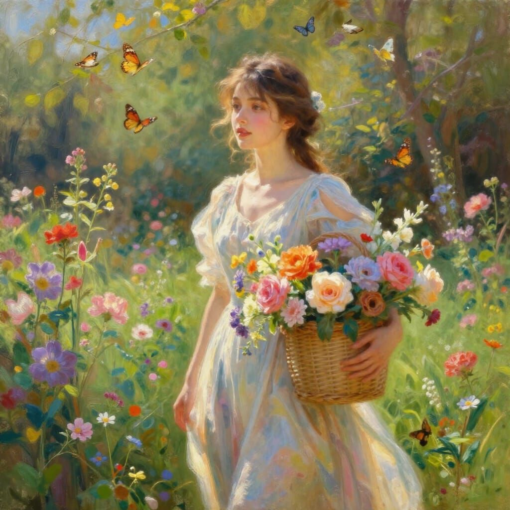 Damsel in a Lush Garden Oil Painting