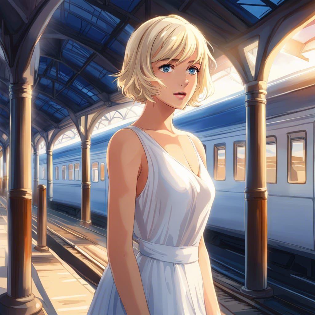 Anime Woman in Train Station, Detailed Digital Art