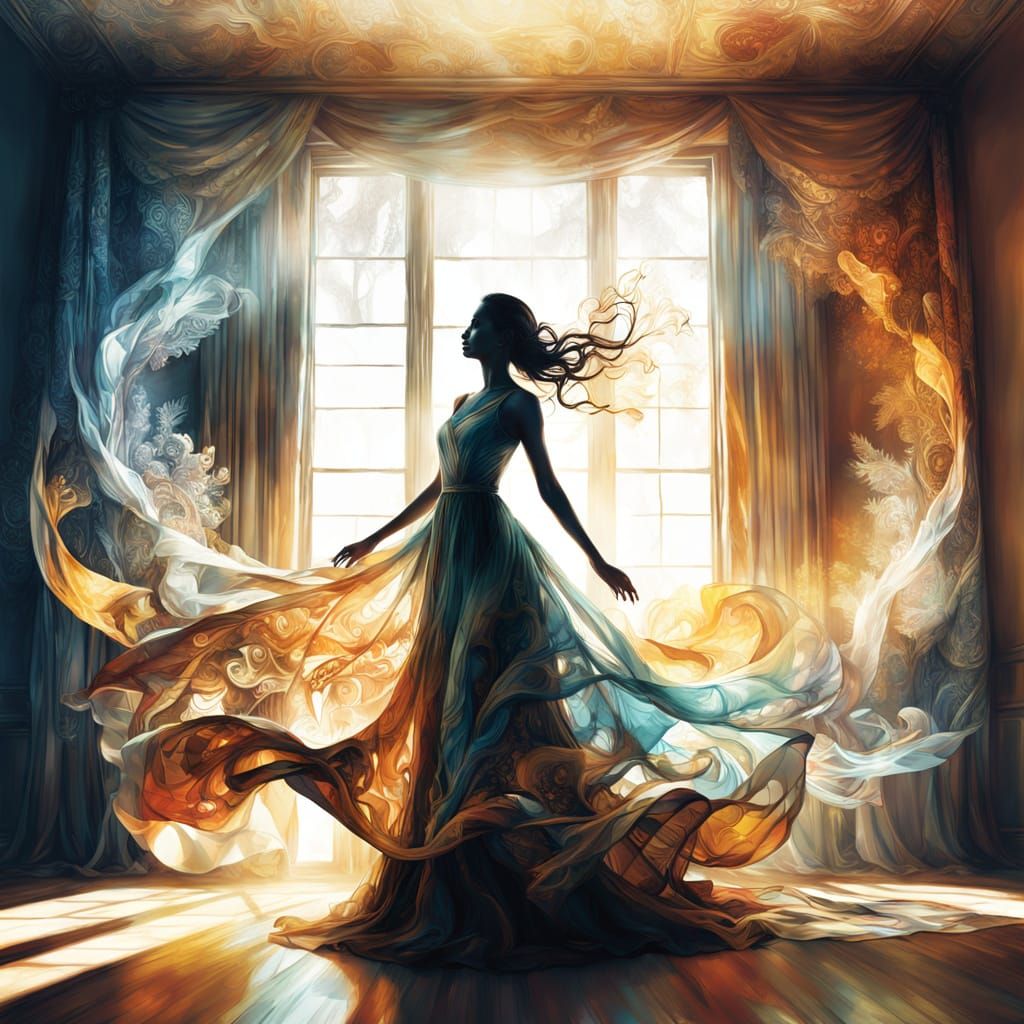 Glowing Silhouette Woman in Sunlit Room with Smoky Gown