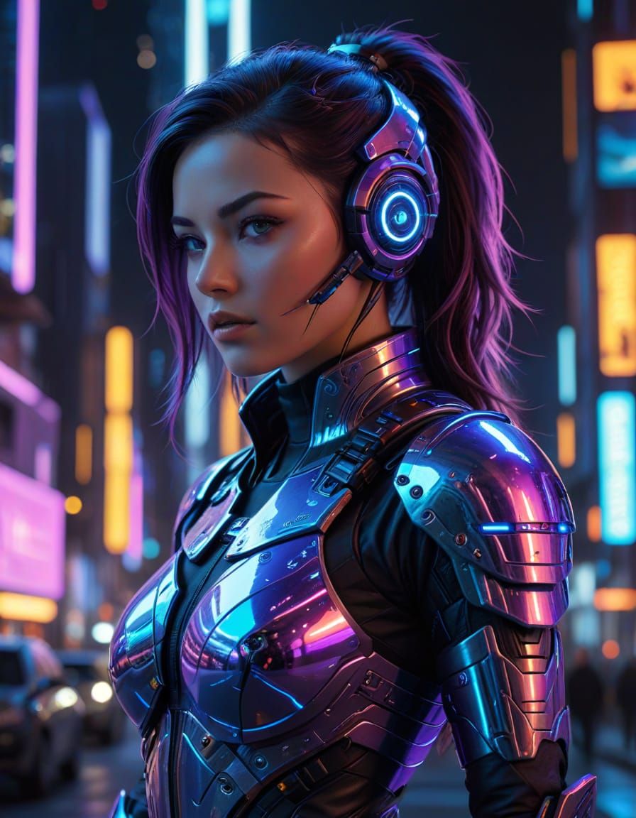Cyberpunk Warrior in Neon-Lit Futuristic Hub