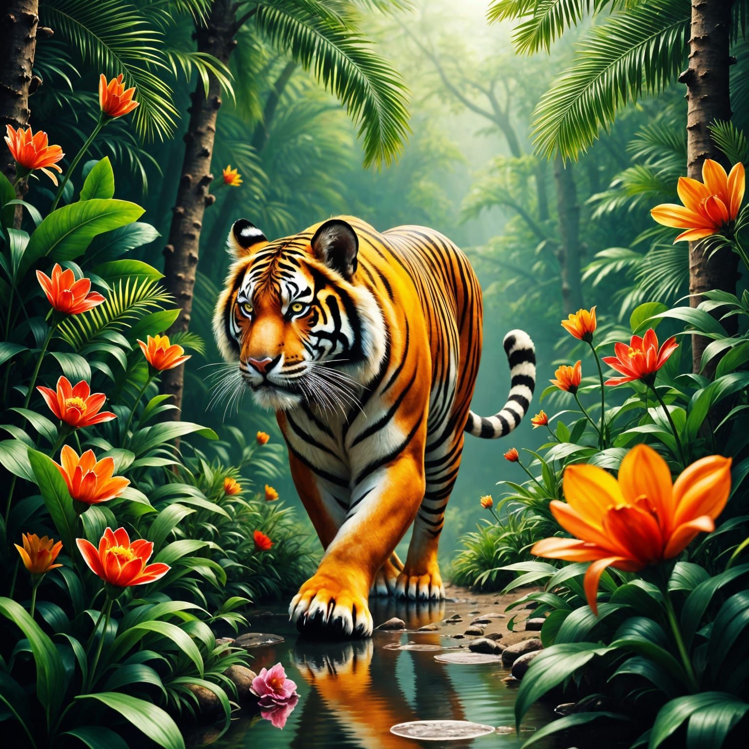 Tiger Struts Through Jungle Clearing in Vibrant Pop Art Styl...