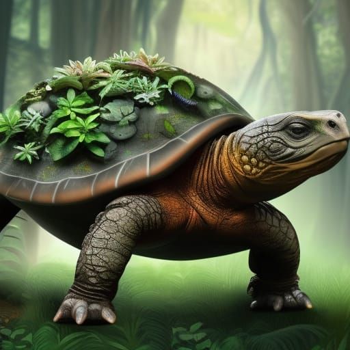 Epic Giant Tortoise with Floral Shell in Digital Painting
