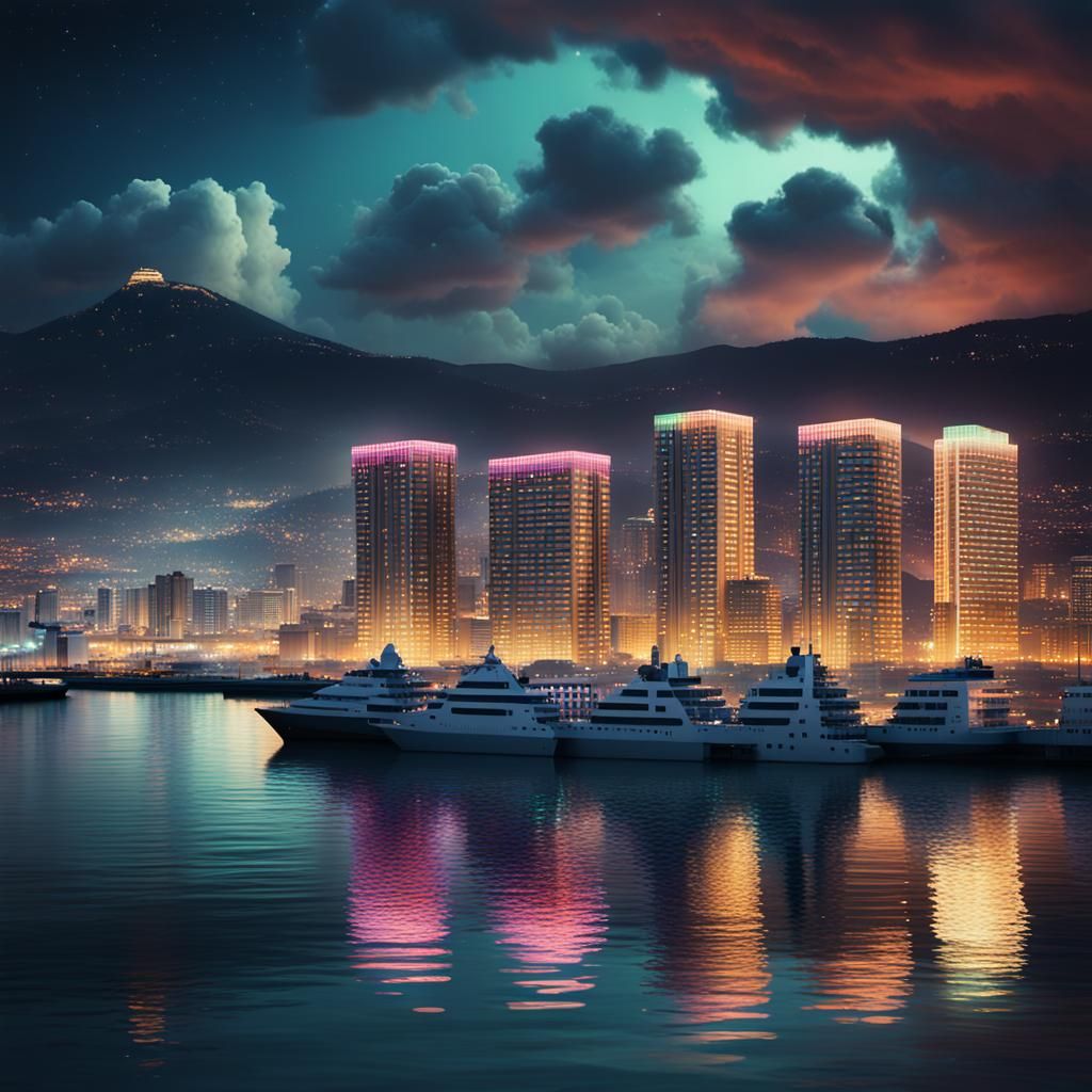 Nighttime View of Haifa Port with Skyscrapers