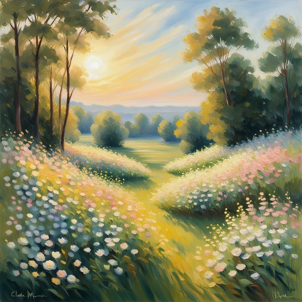 Impressionist Meadow with Flowers in Golden Light