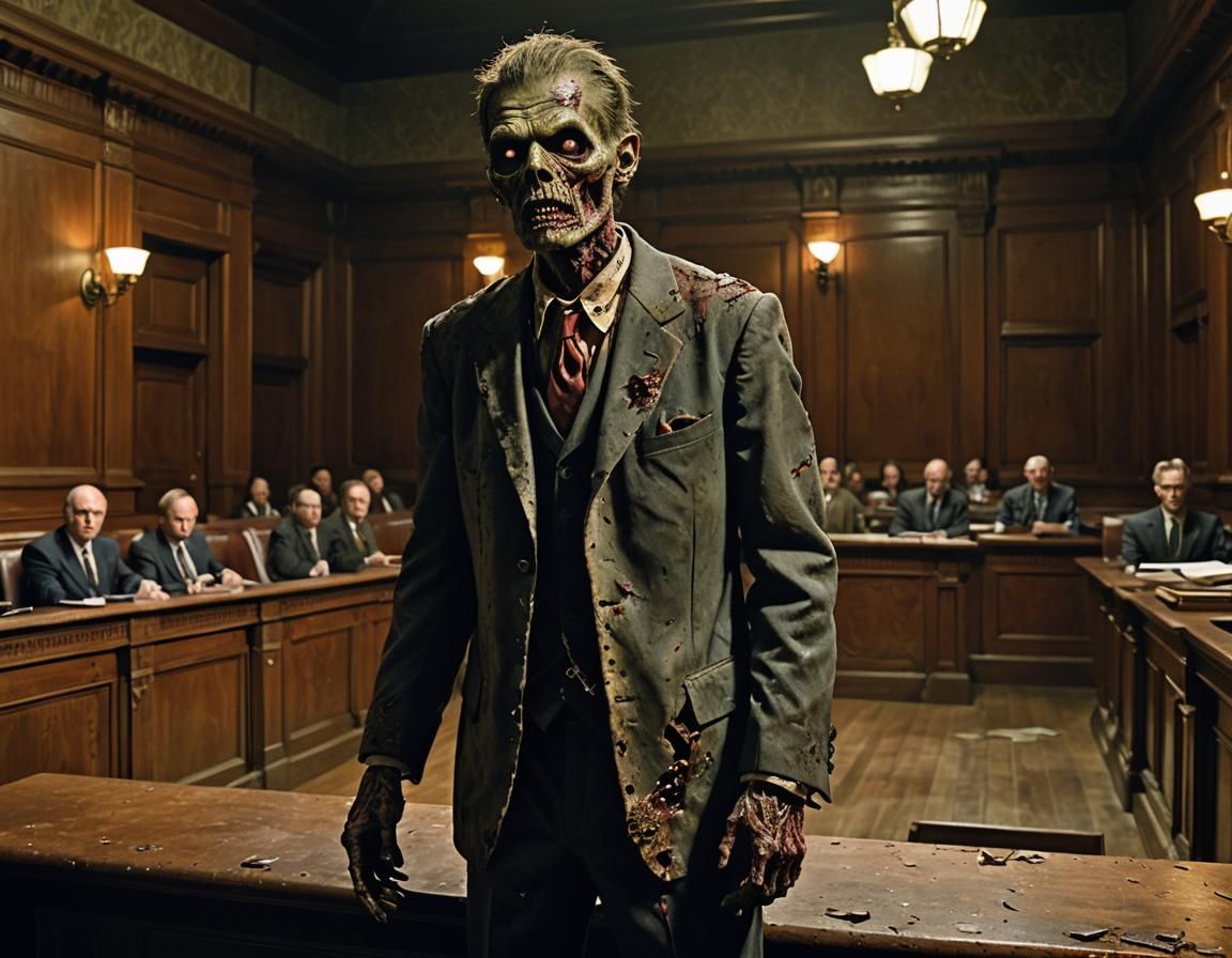 Zombie Pleads Case in Courtroom, Detailed Matte Painting
