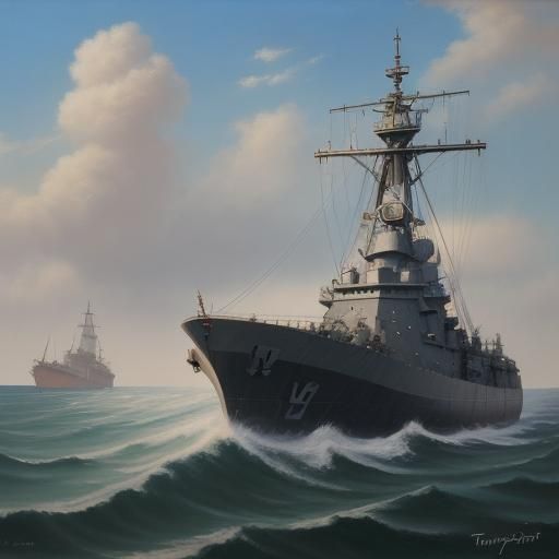 Warship with Turrets as Oil Painting