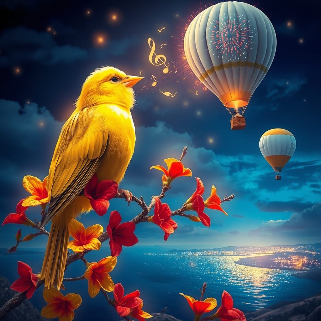 Luminous Canary Sings Under Moonlight, Fireworks Bloom