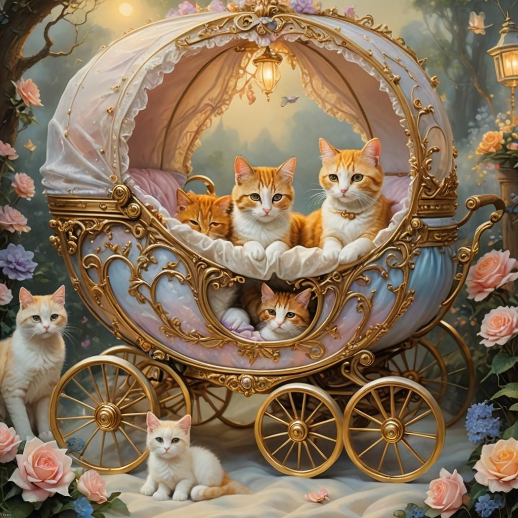 Cats Sleeping in Luxurious Carriage, Whimsical Realism