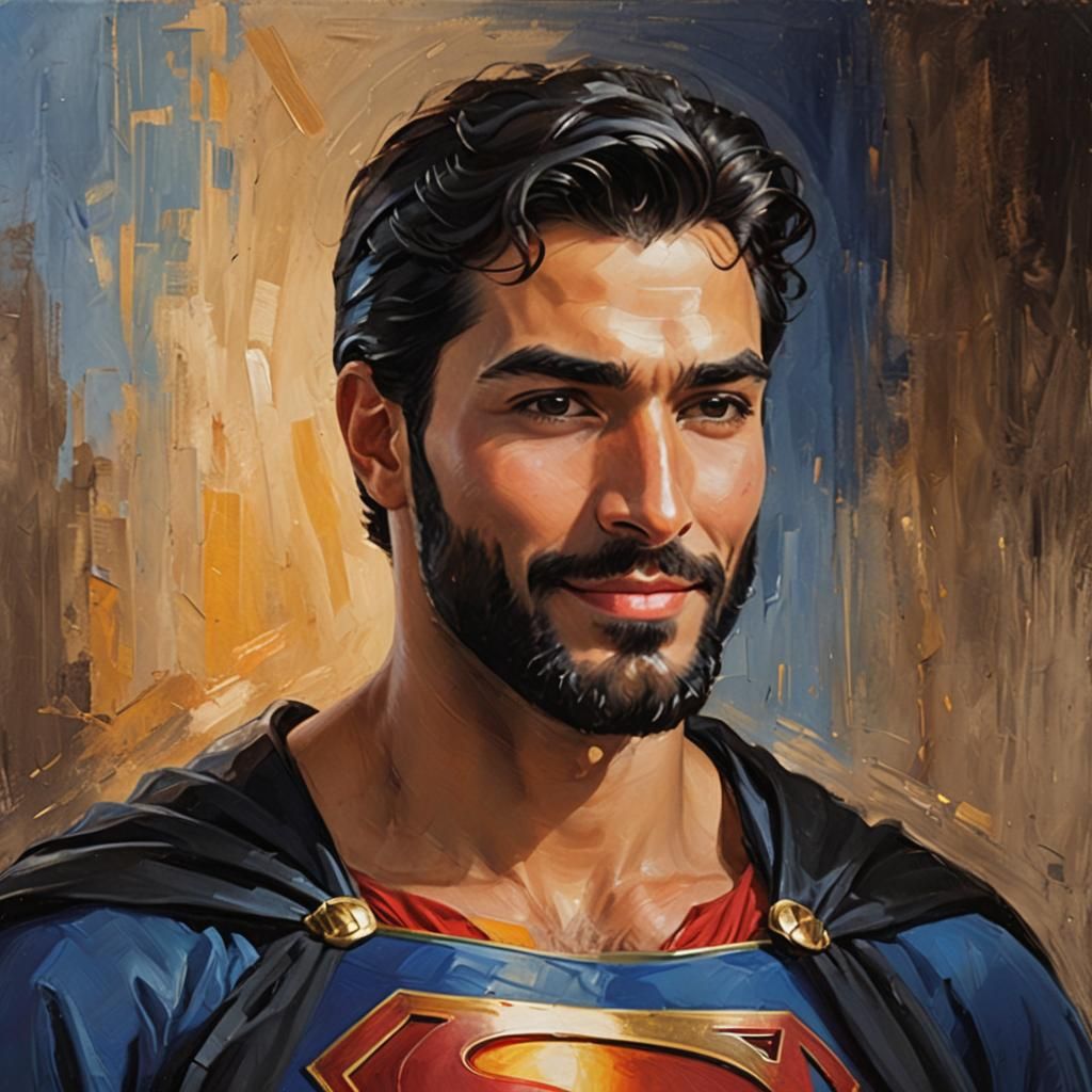 Smiling Superman Portrait in Impressionist Oil Painting Styl...