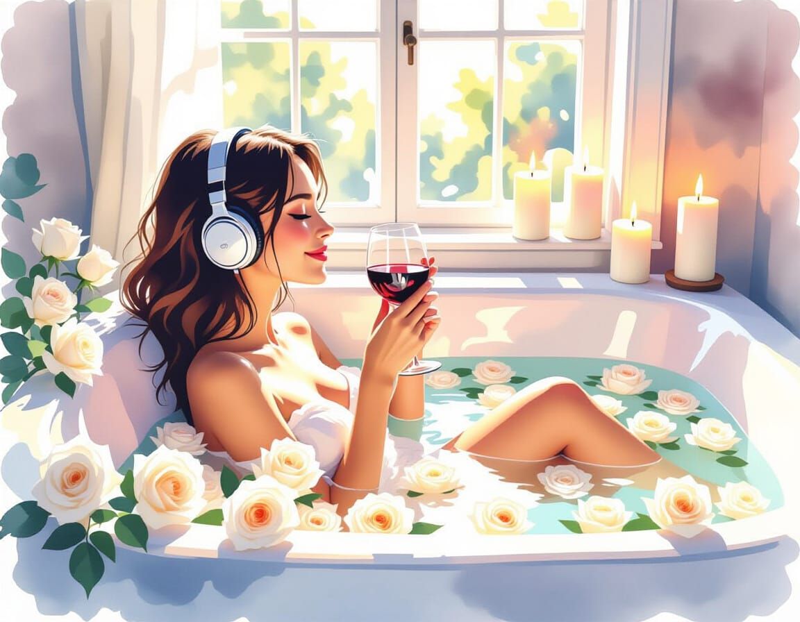 Woman Relaxing in Rose-Filled Bathtub, Surreal Watercolor St...