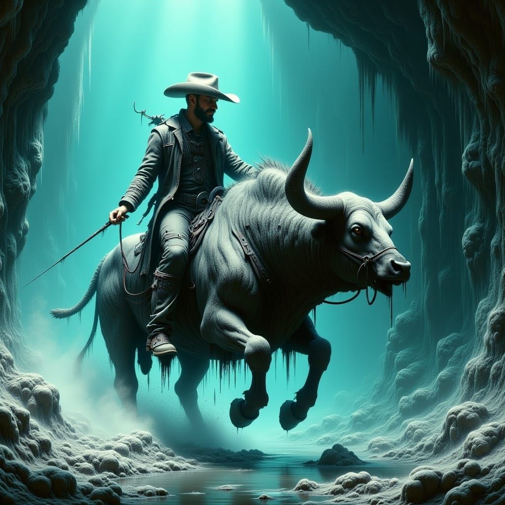 Cowboy Battles Demons on Cybernetic Bull in Turquoise Cavern