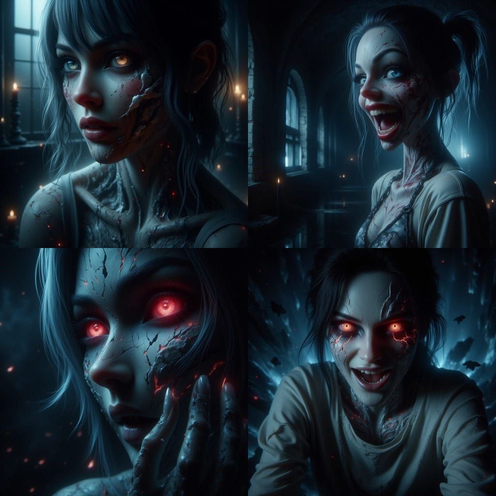 Terrified Girl with Demonic Tooth in Dark Bedroom