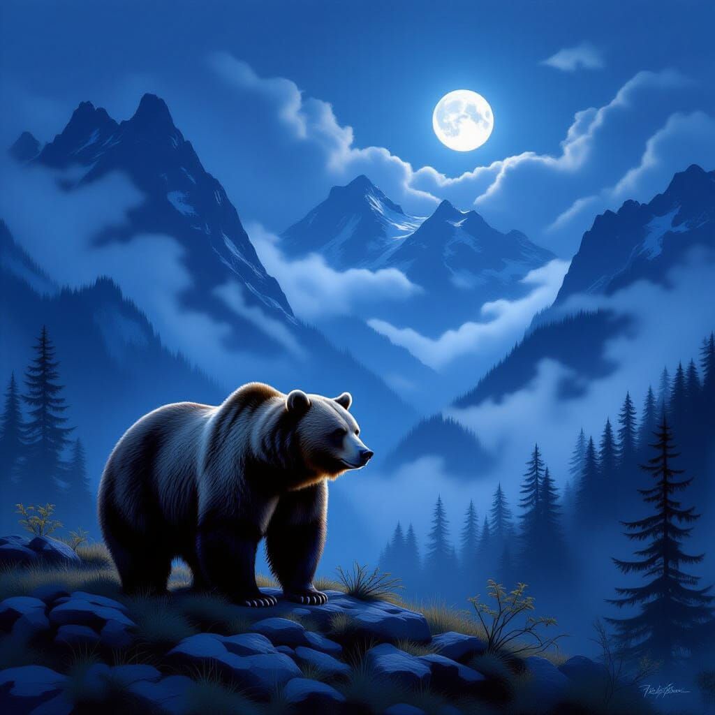 Grizzly Bear in Misty Mountains at Night