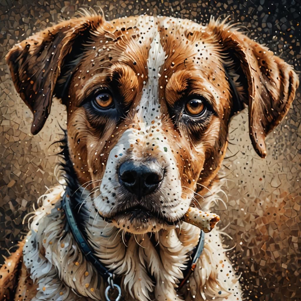 Dog Begging with Bone in Pointillism Style