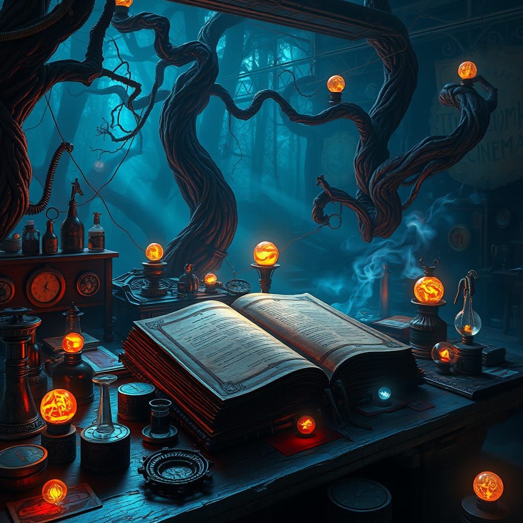Enigmatic Laboratory Scene in Deep, Rich Colors