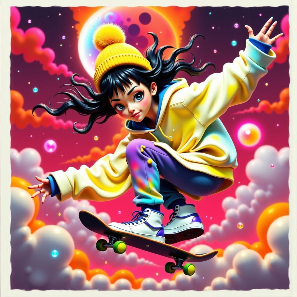 Skater Girl in Neon Checkered Dreamscape
