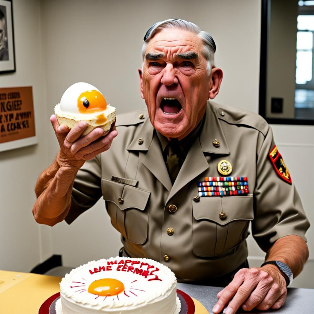 Angry Egg Character with Cake