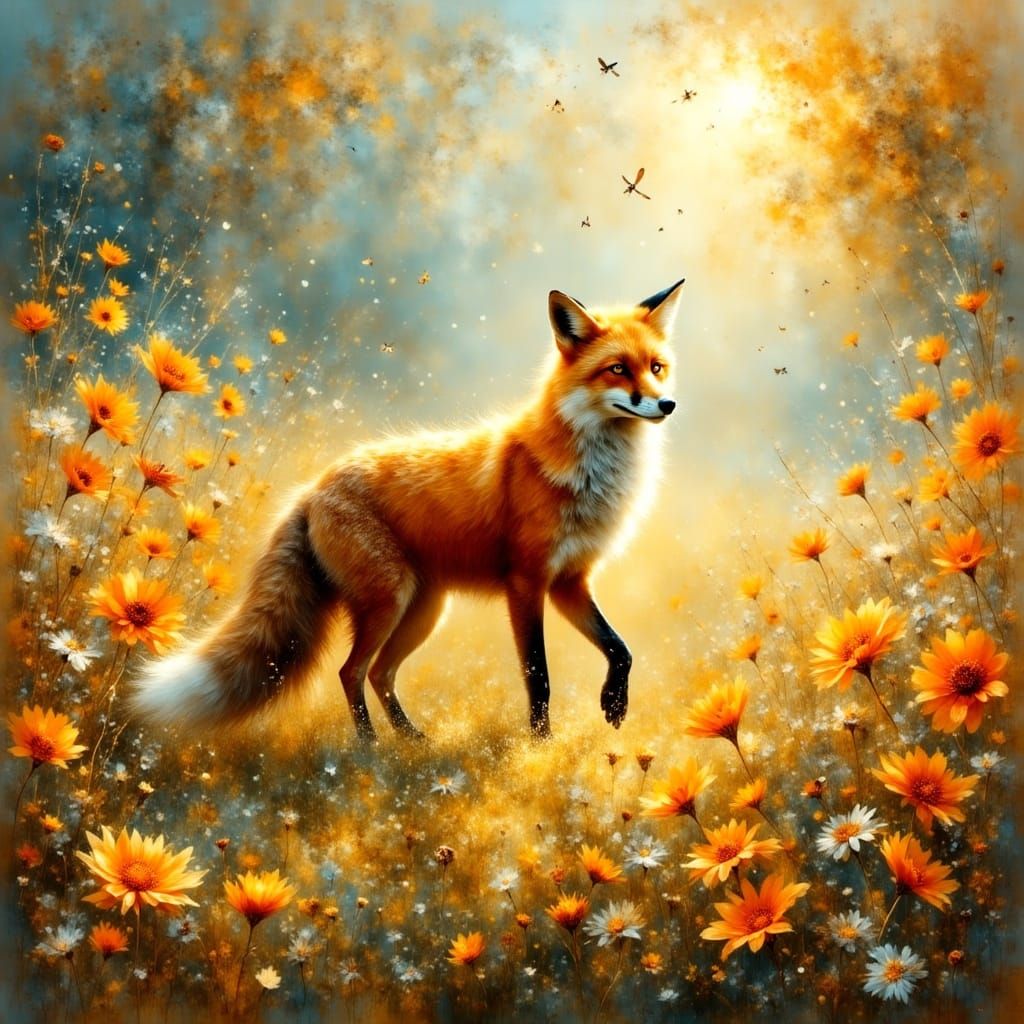 Majestic Fox in Golden Meadow, Neo-Impressionist Style