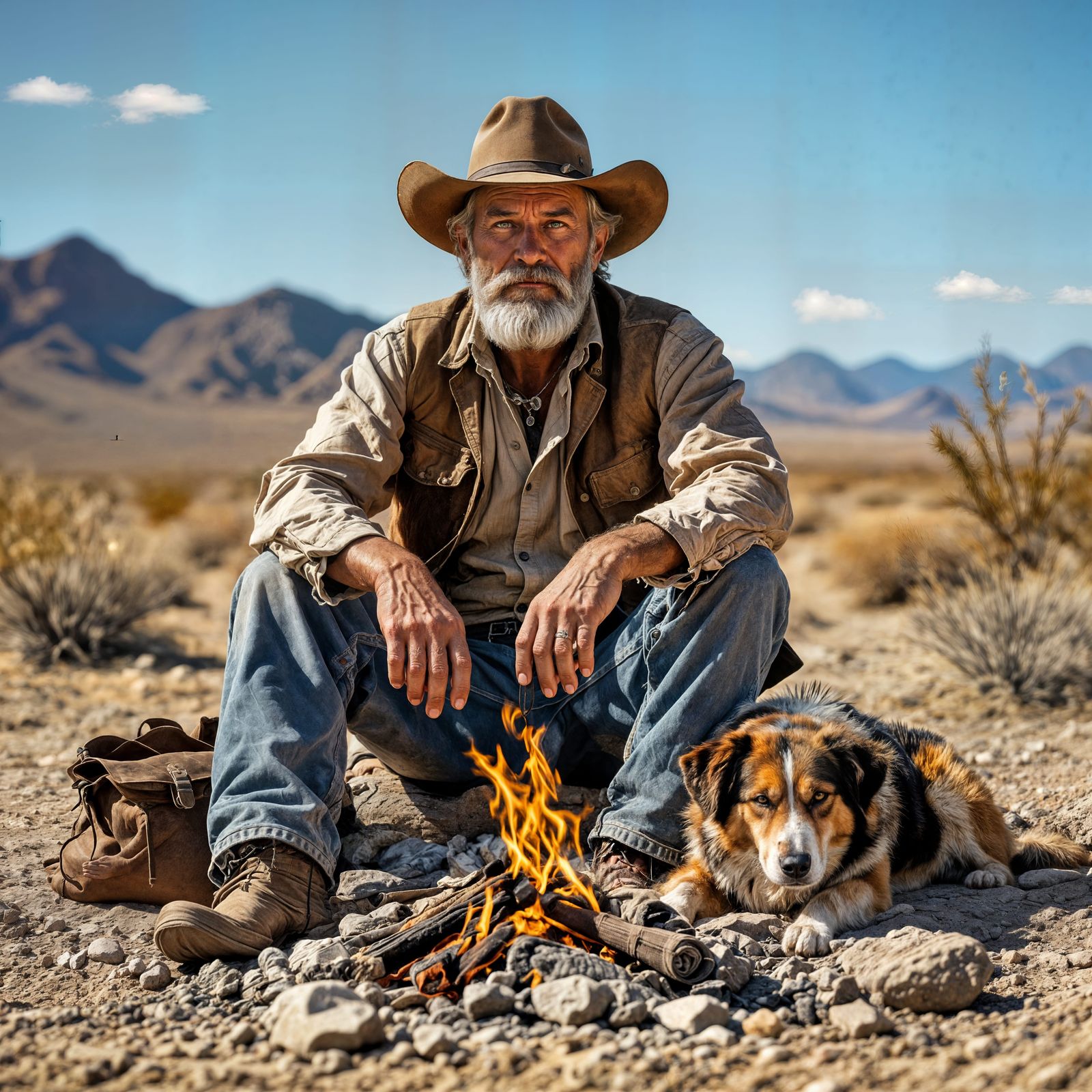 Prospector and Dog in Mojave Desert, Gritty Realism