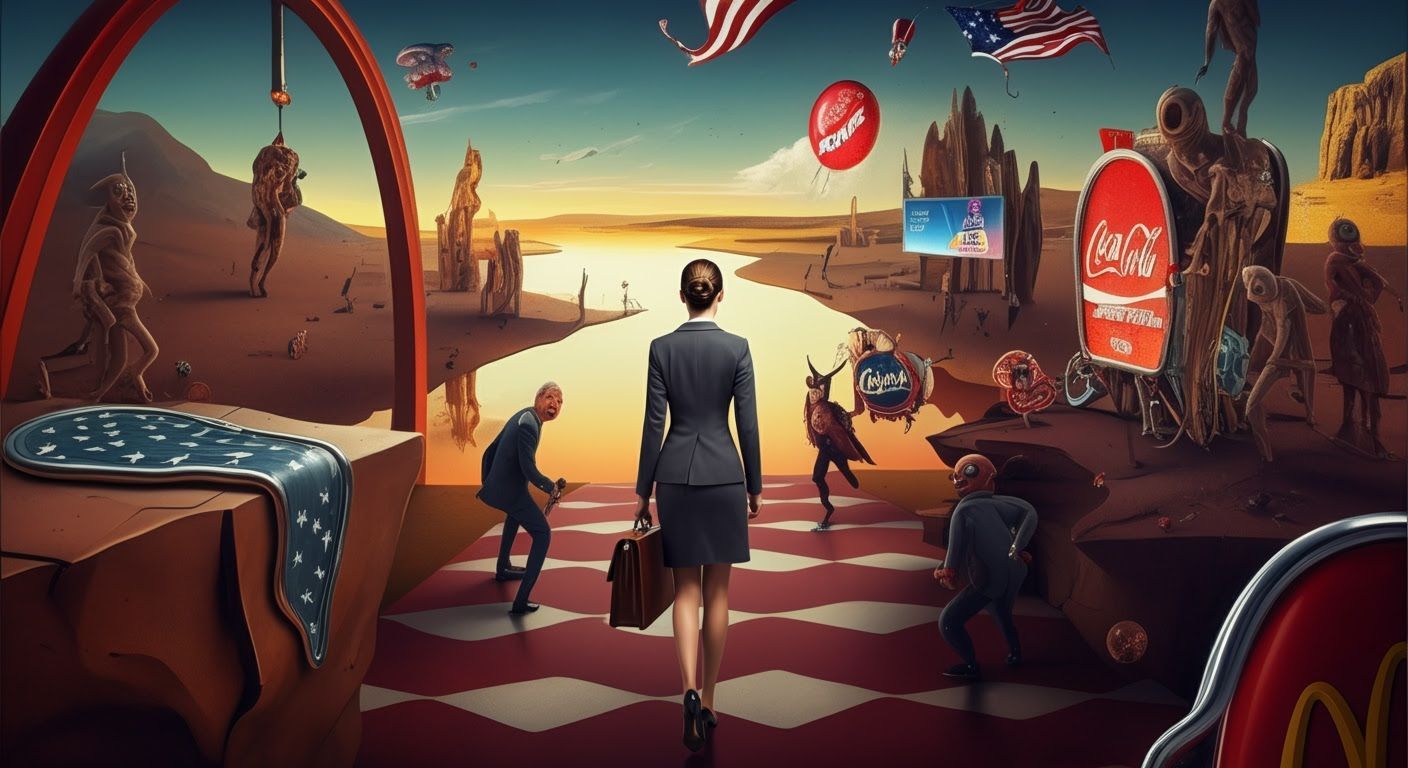 Surreal Businesswoman in Distorted American Landscape