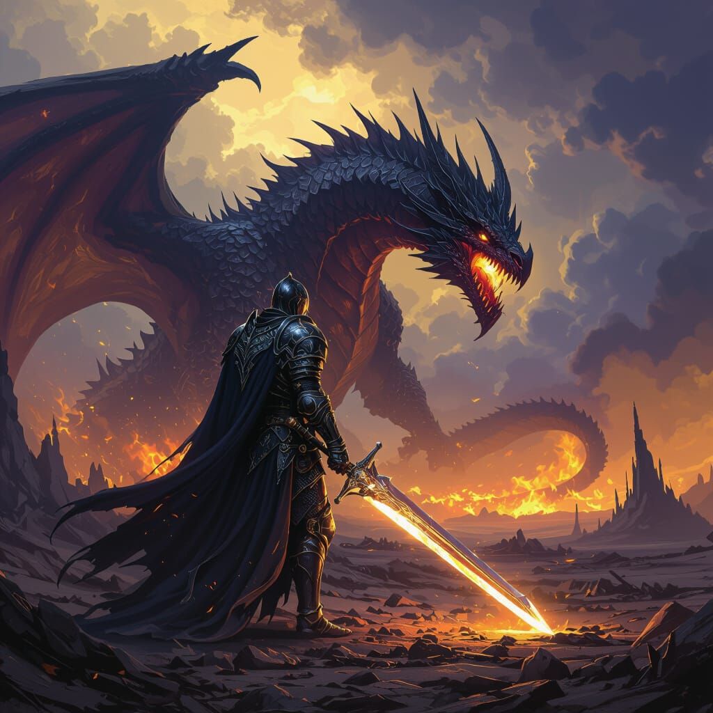 Knight Victorious Over Dragon in Dark Fantasy Landscape