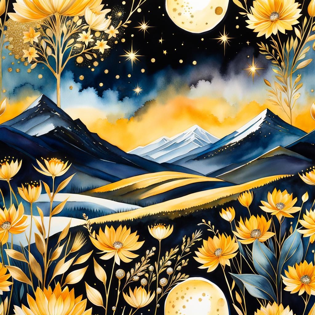 Moonlit Floral Field with Golden Sparkles, Watercolor