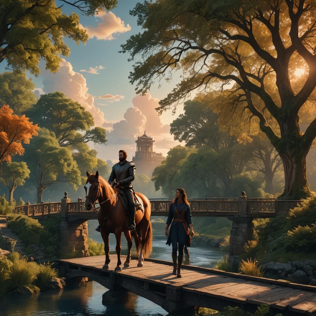 Fantasy Bridge Scene with Horse Rider in Unreal Engine Style