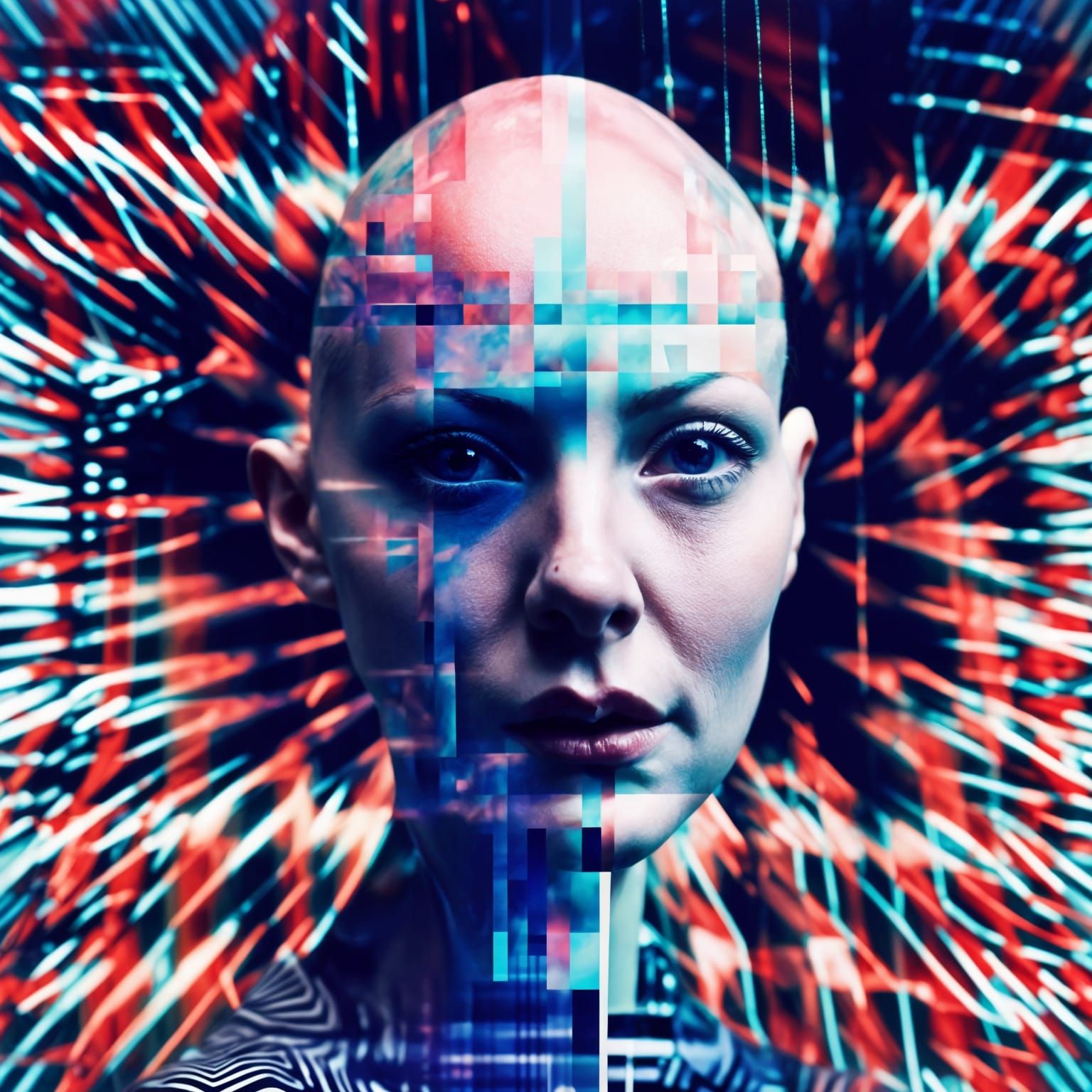 Nightmare Gynoid Portrait with Glitches and Duality