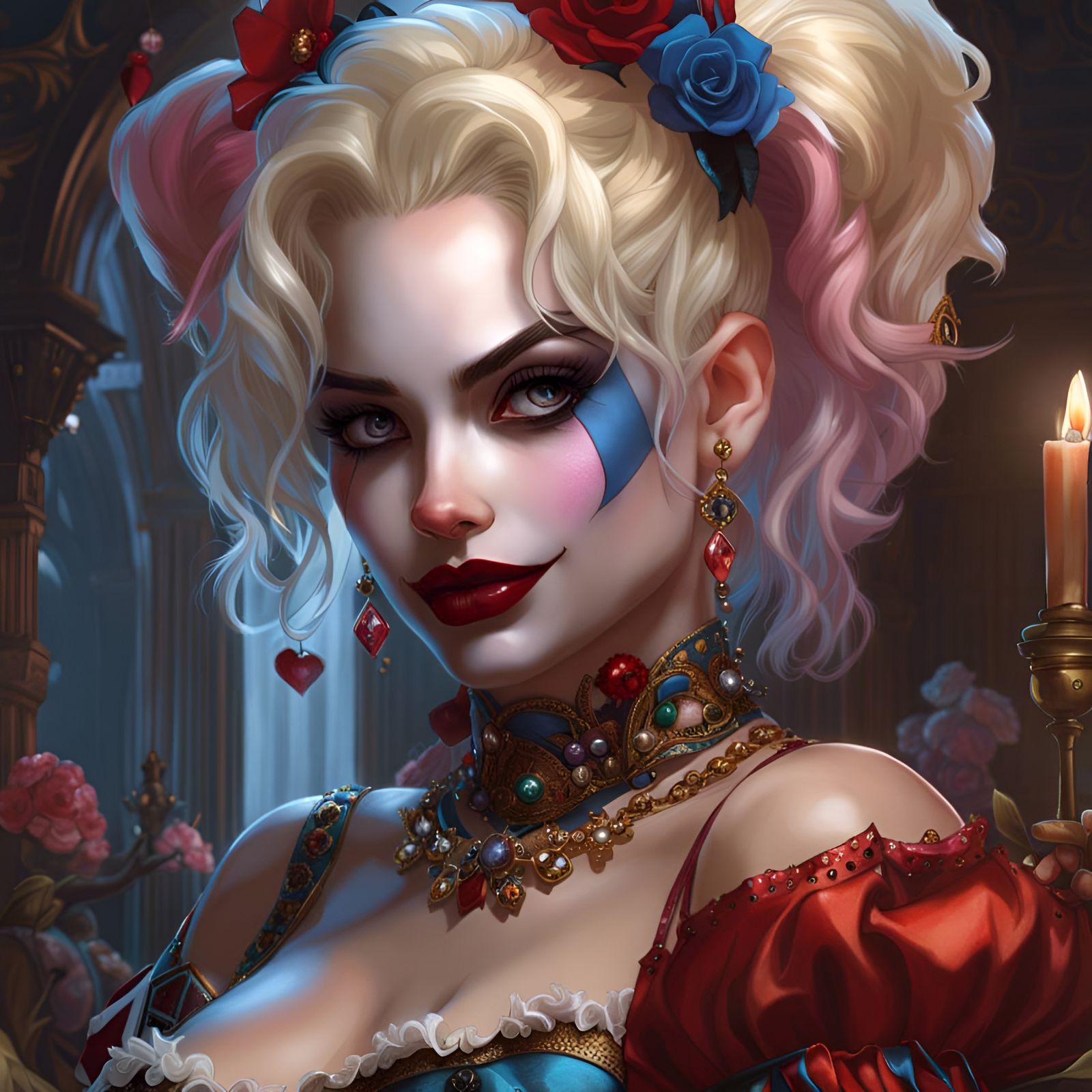 Harley Quinn in Rococo Style, Hyperdetailed 8K Portrait