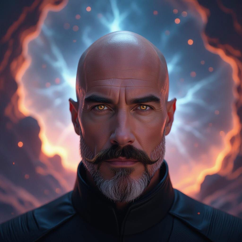 Bald Man in Cosmic Landscape: Hyperrealistic Portrait