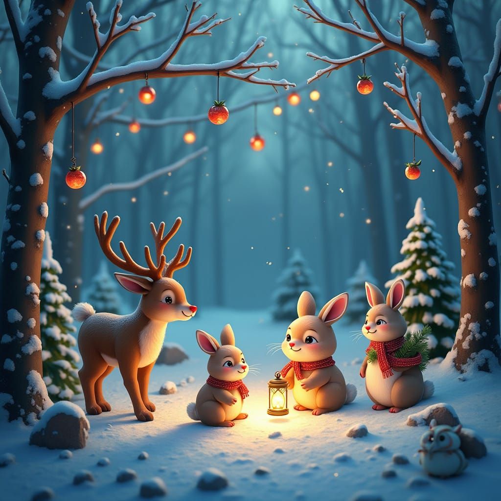 Whimsical Winter Wonderland with Animals and Twinkling Light...