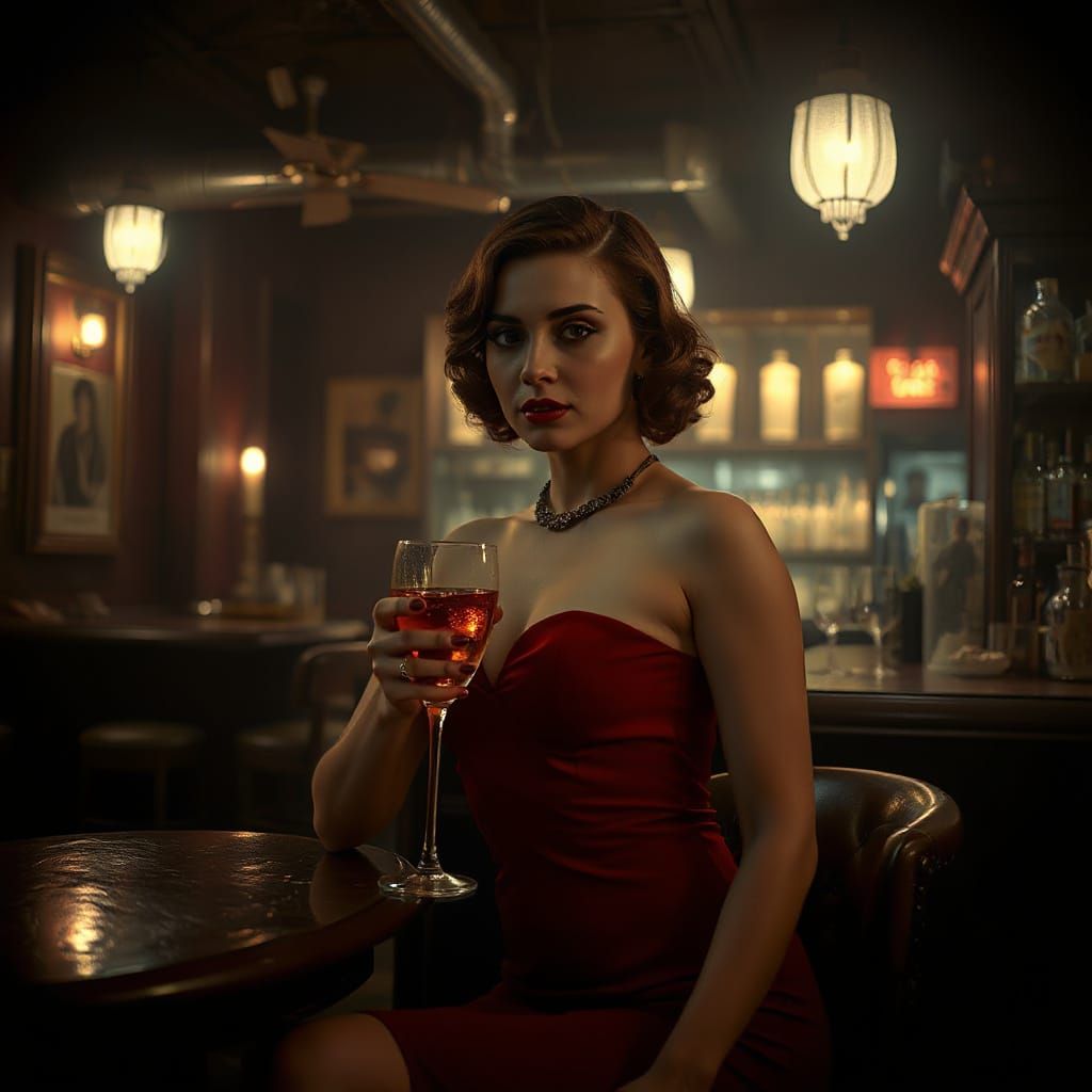 Sensual Woman in Red Dress at 1920s Speakeasy