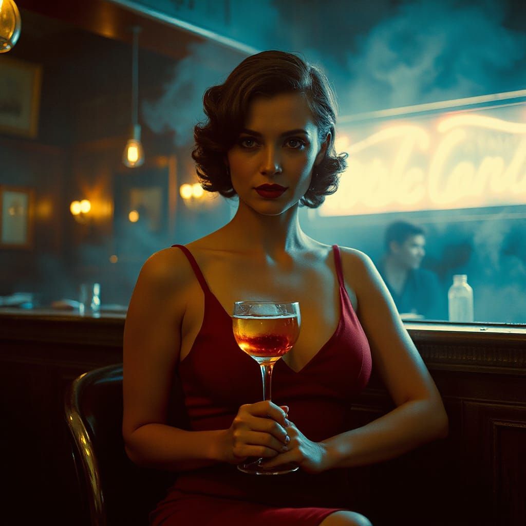 Sensual Woman in Red Dress at 1920s Speakeasy