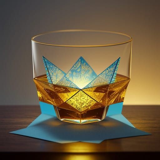 Vibrant Origami Whiskey Scene in a Dreamy Digital Art Style