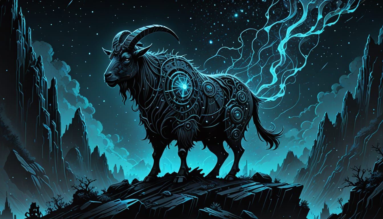 Dark Steampunk Mountain Goat with Clockwork Cliffs and Neon ...