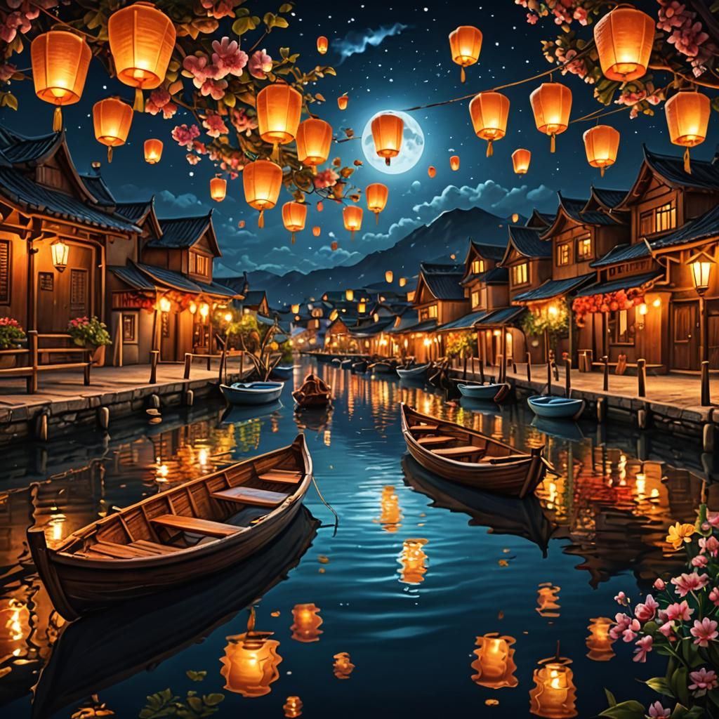 Beautiful Night Scene with Glowing Lanterns