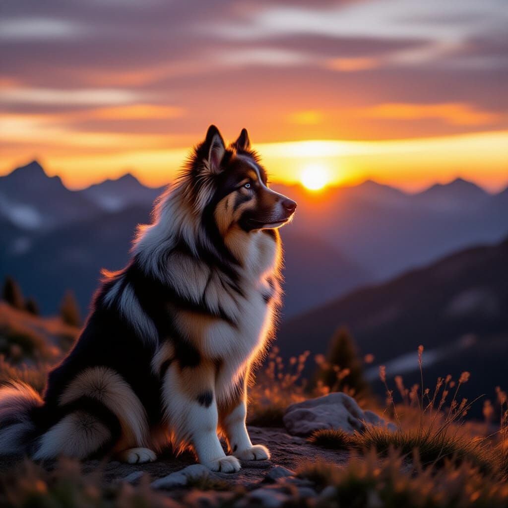 Massive Caucasian Shepherd Guards Mountain Vista at Sunset