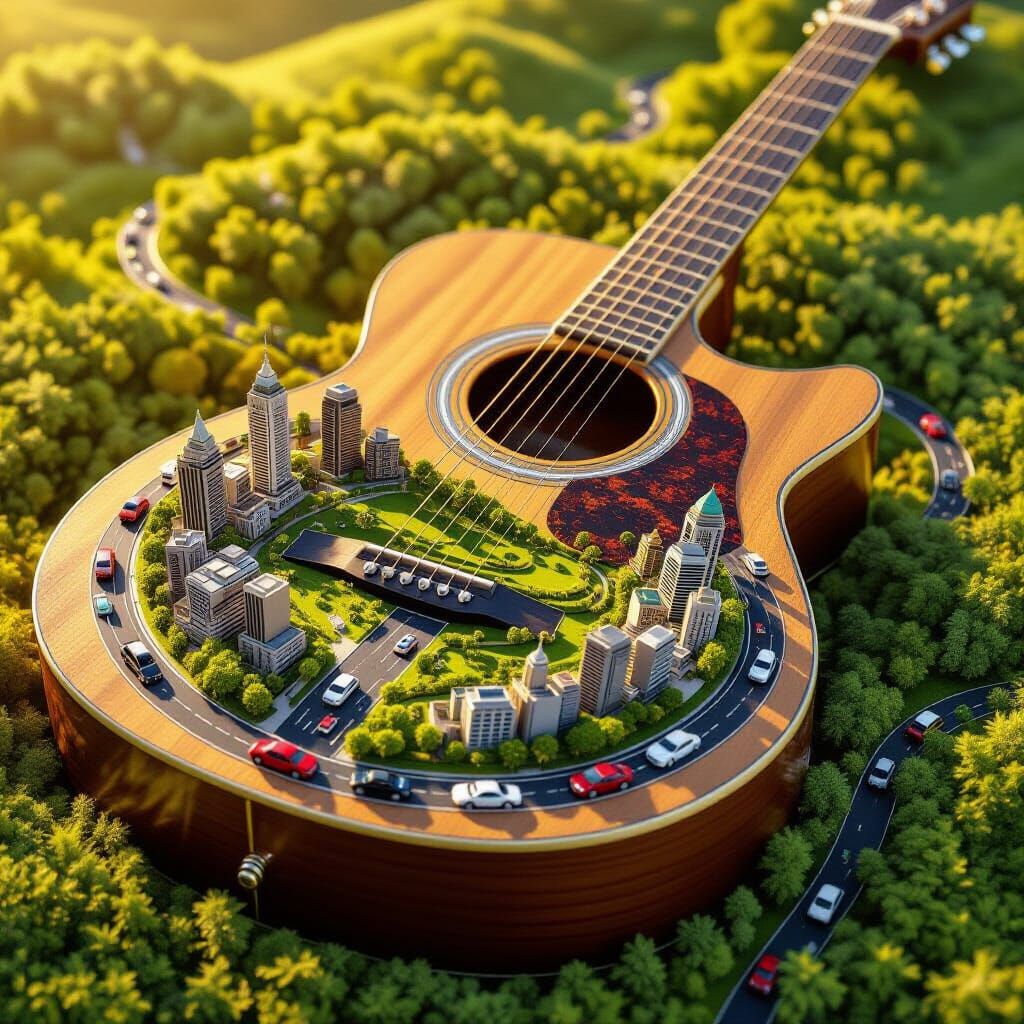 Cityscape Built Inside Acoustic Guitar