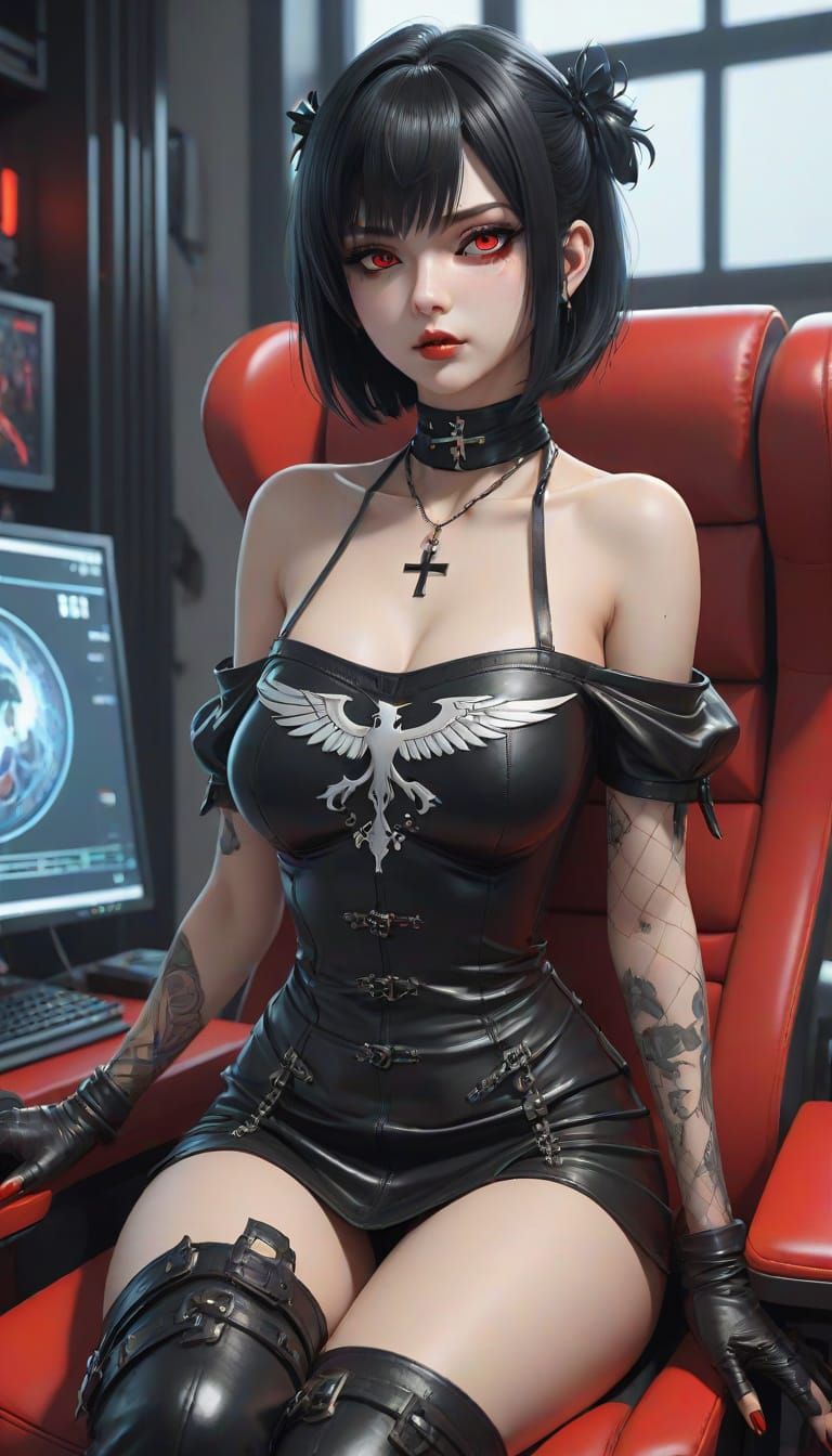Gothic Vampire Girl Gaming in Modern Attire