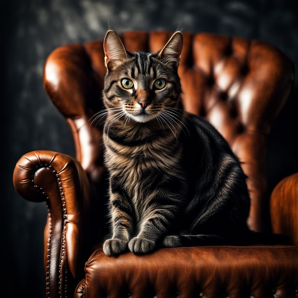 Hyperrealistic Black Tabby Cat on Leather Chair