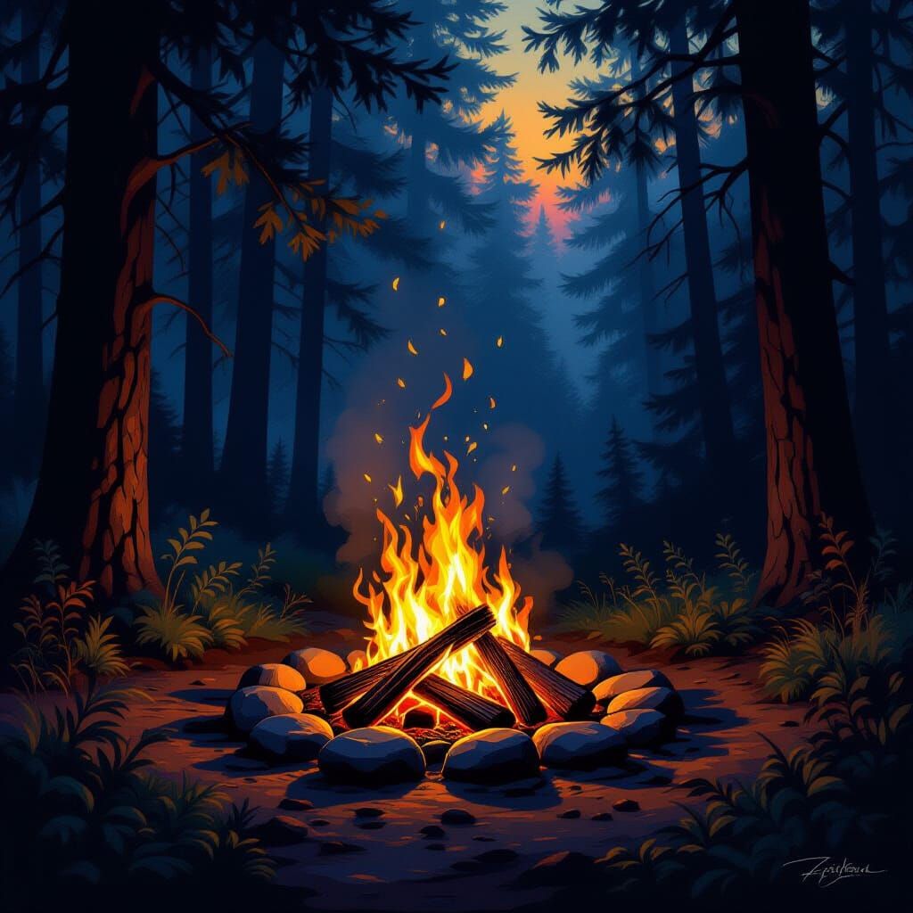 Warm Campfire Glow in Mysterious Forest
