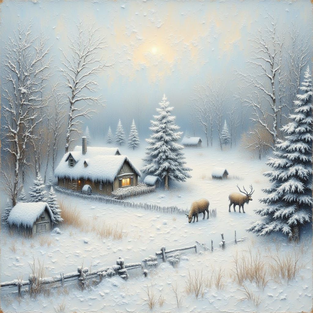 White Magpie House and Elk in Snowy Village Landscape
