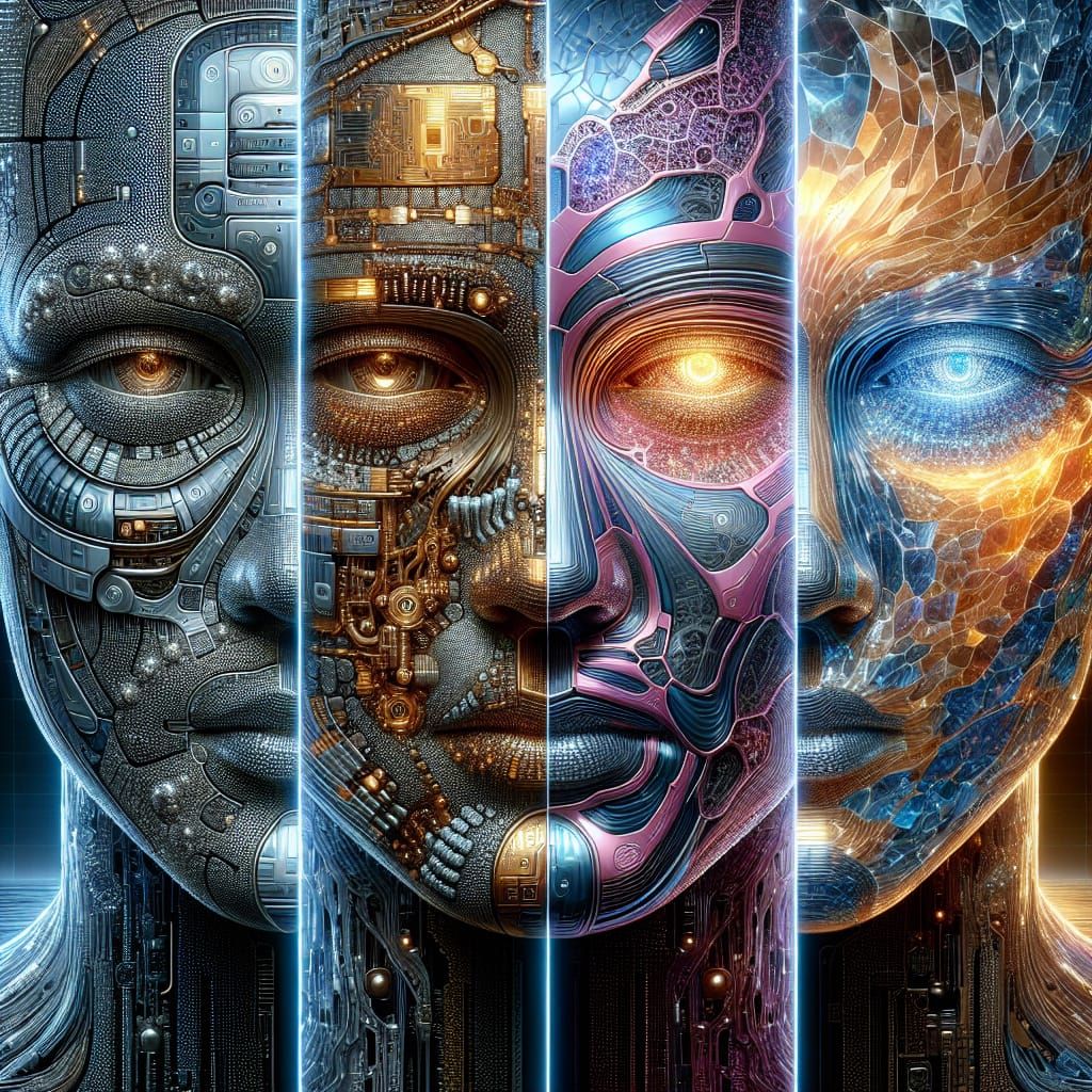 Mechanical Face in Four Futuristic Materials Concept Art