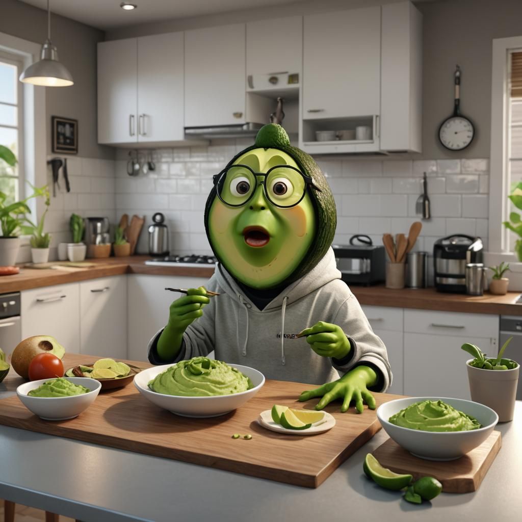 Shocked Avocado Eating Guacamole: 3D Anime Art