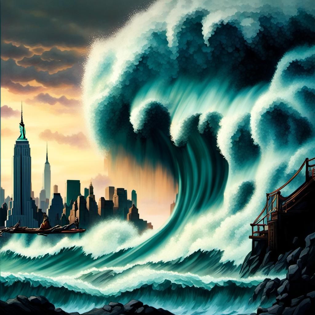 Tsunami Crashing Into New York: Sinister Digital Painting