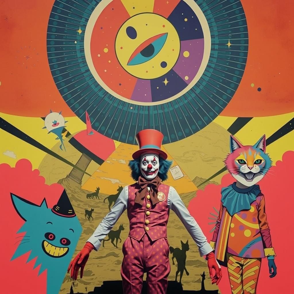 Clown on Mars with Neon Cats in Pop Art