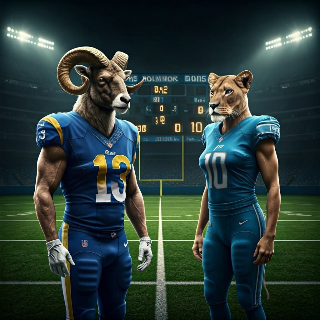 Ram vs Lioness Football Rivalry in Hyperrealistic Style